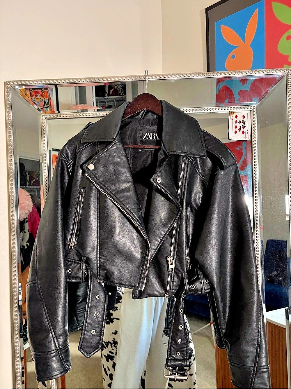 Zara Cropped Faux Leather Biker Jacket Medium Black